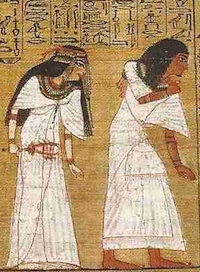 Detail from the Papyrus of Ani, showing Ani and his wife entering at left.  Please click to see complete image.